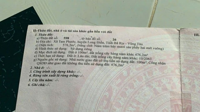 Bán lô đất 576m2 mặt tiền đường nhựa xã Tam Phước huyện Long Điền